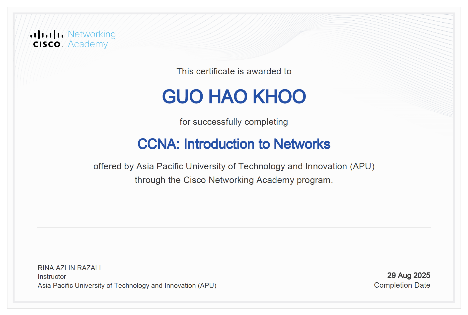CCNA: Introduction to Networks Completion Certificate