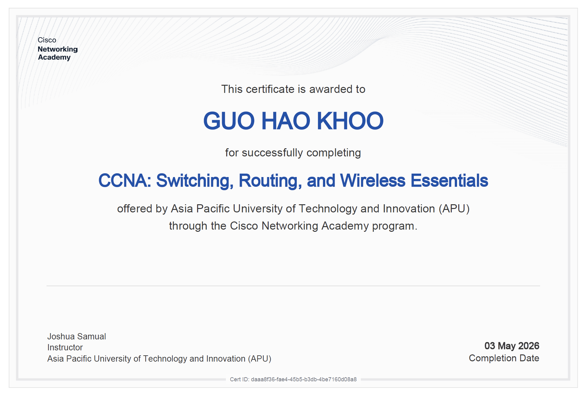 CCNA: Switching, Routing, and Wireless Essentials Completion Certificate