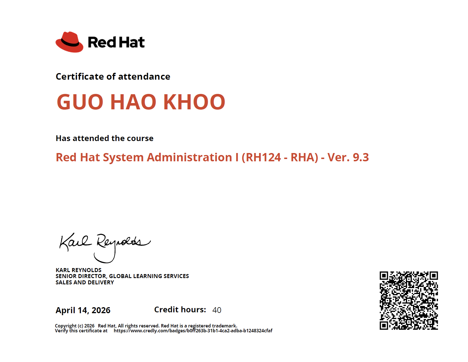 Red Hat System Administration I (RH124 - RHA) - Ver. 9.3 Completion Certificate